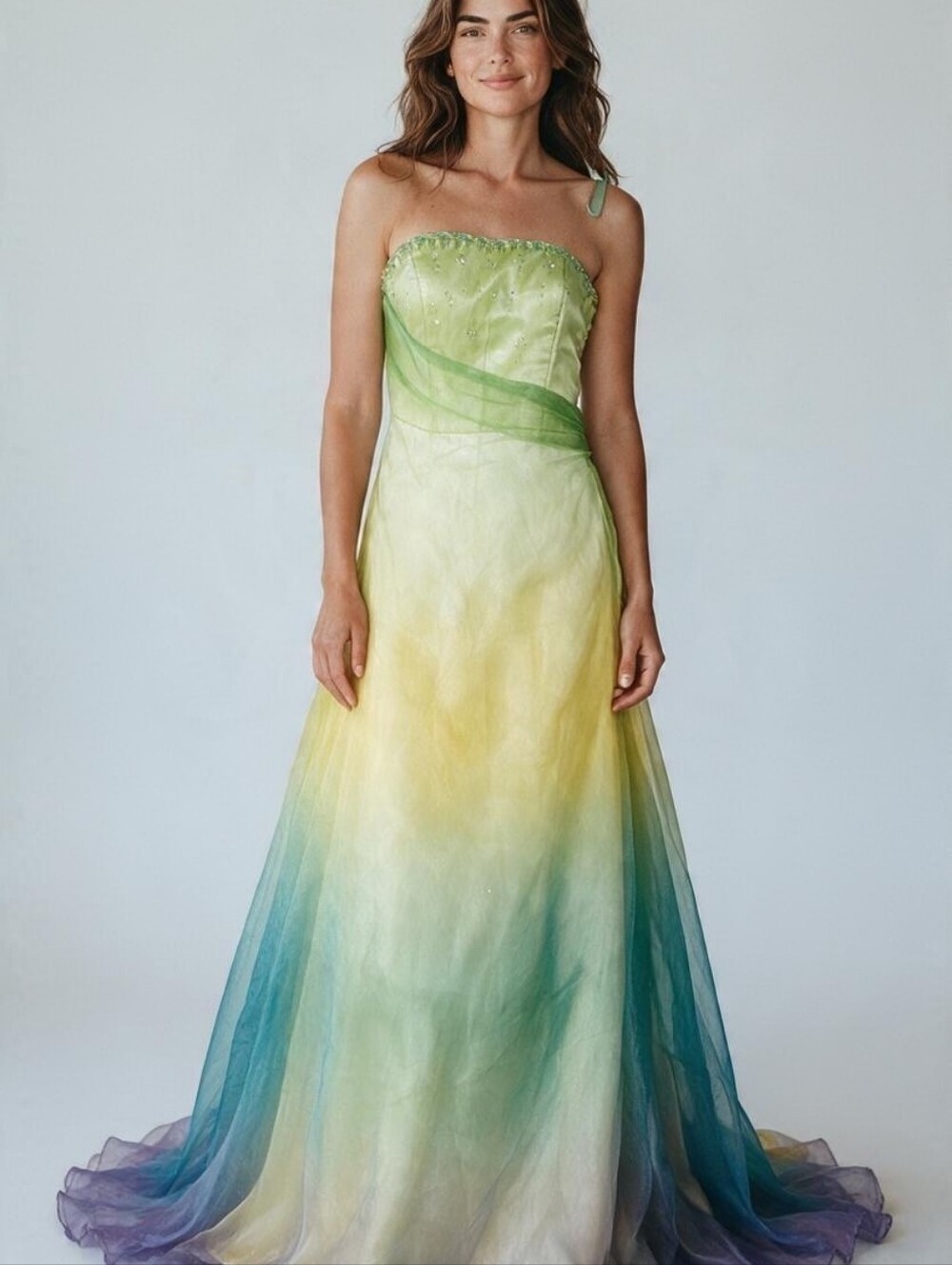 Strapless Ombre Evening Gown in Green, Yellow and Blue